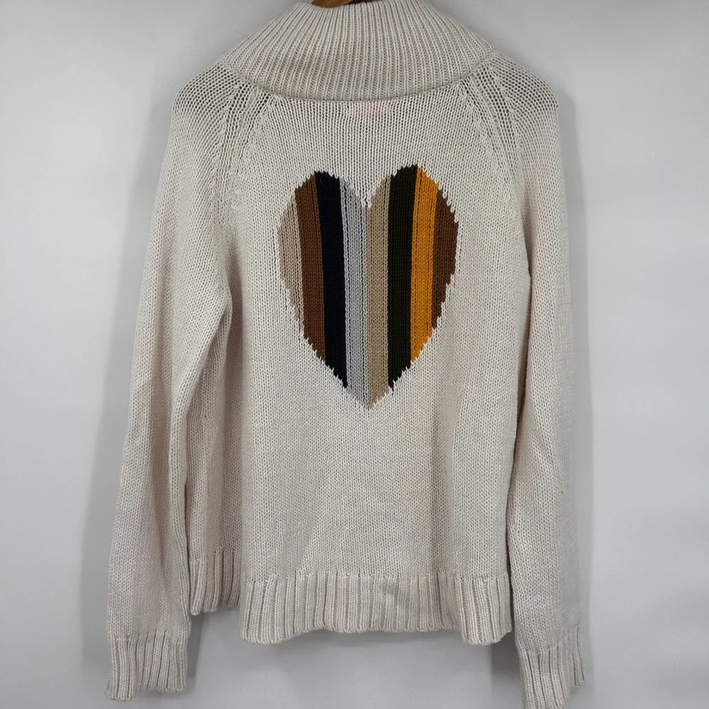 Anthropologie Lisa Todd Love Is Back Cream Heart Patch Mock‎ Neck Zip Sweater  M